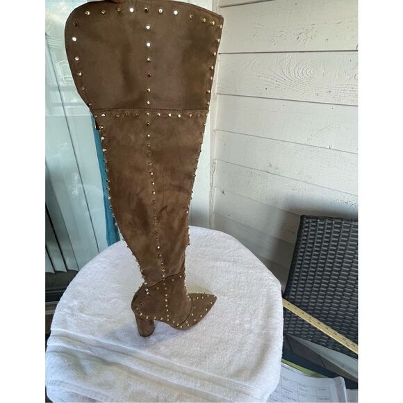 New Venus Faux Suede Studded Over the knee Taupe Boots - Picture 1 of 15